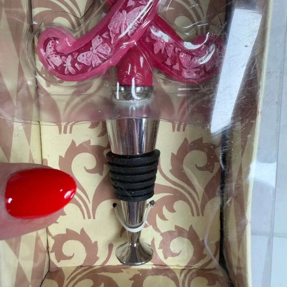 Cypress Home Pink Breast Cancer Awareness Ribbon Butterfly Bobble Wine Stopper